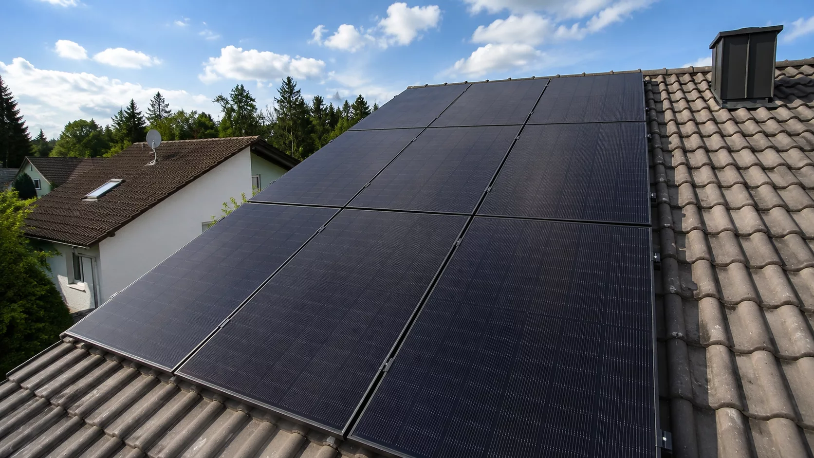 Montierte Doppelglas PV-Module auf einem Dach in Neuhaus am Inn mit Hybrid-Wechselrichter, Heimspeicher und Hems im Keller als auch Wallbox in der Garage.