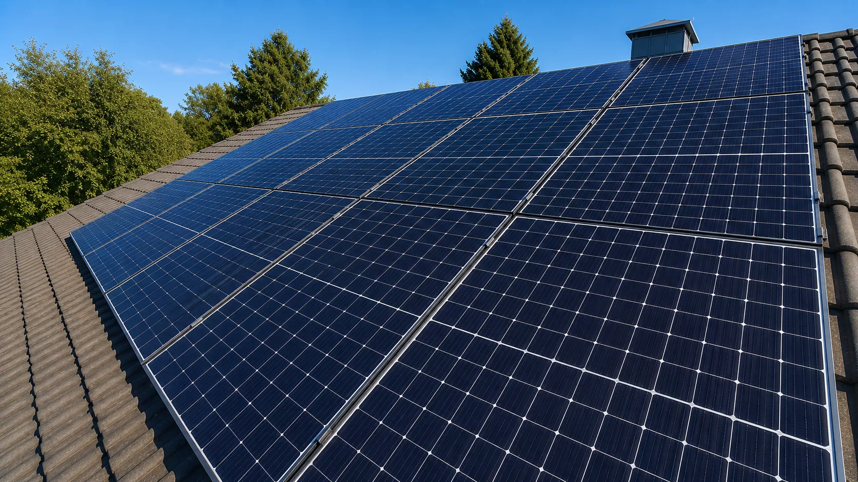 Montierte Doppelglas PV-Module auf einem Dach in Passau mit Hybrid-Wechselrichter, Heimspeicher, Ersatzstrombox und Hems im Keller.