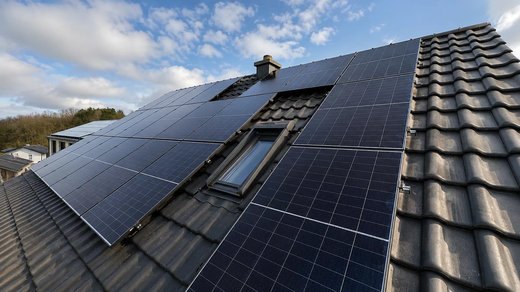 Montierte Doppelglas PV-Module auf einem Dach in Pollenfeld mit Hybrid-Wechselrichter, Heimspeicher und Hems im Keller.