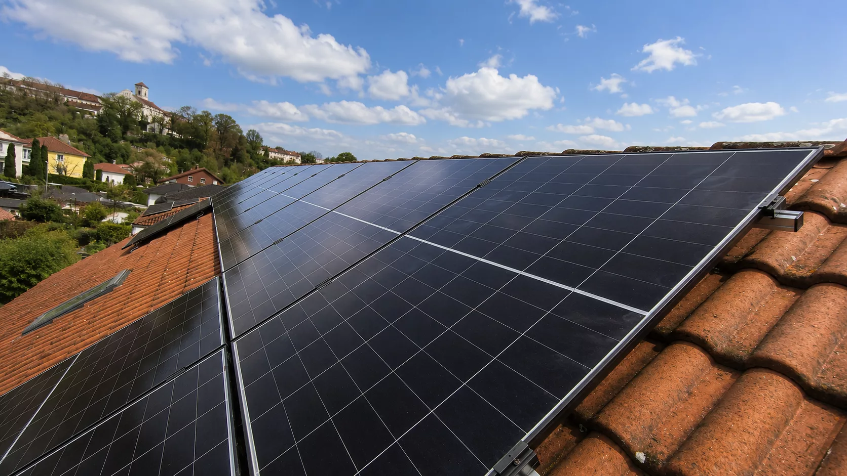Montierte Doppelglas PV-Module auf einem Dach in Rotthalmünster mit Hybrid-Wechselrichter, Heimspeicher, Ersatzstrombox und Hems im Keller.