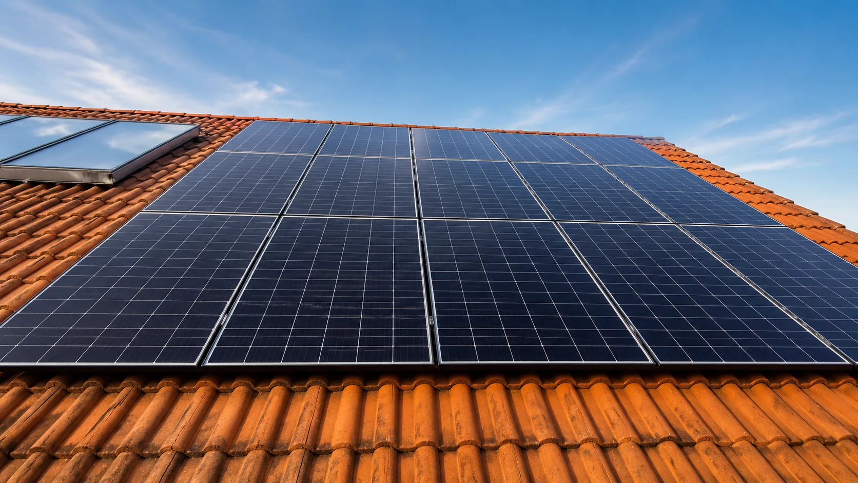 Montierte Doppelglas PV-Module auf einem Dach in Schnaittach mit Hybrid-Wechselrichter, Heimspeicher und Hems im Keller.