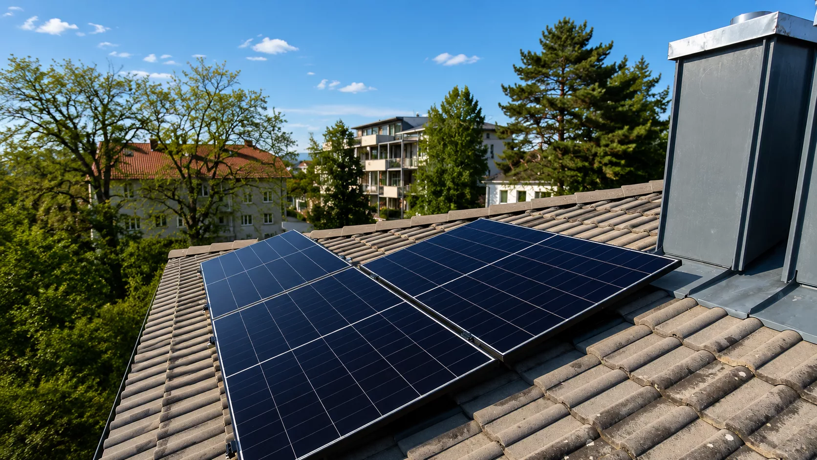 Montierte Doppelglas PV-Module auf einem Dach in Starnberg mit Hybrid-Wechselrichter, Heimspeicher und Hems im Keller.
