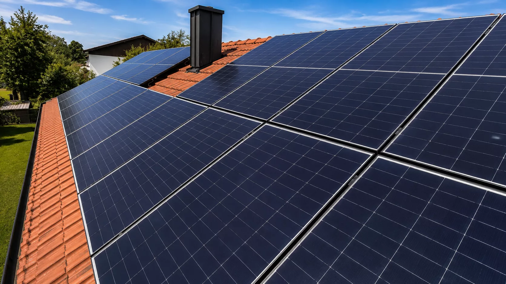 Montierte Doppelglas PV-Module auf einem Dach in Stephansposching mit Hybrid-Wechselrichter, Heimspeicher, Ersatzstrombox und Hems im Keller.