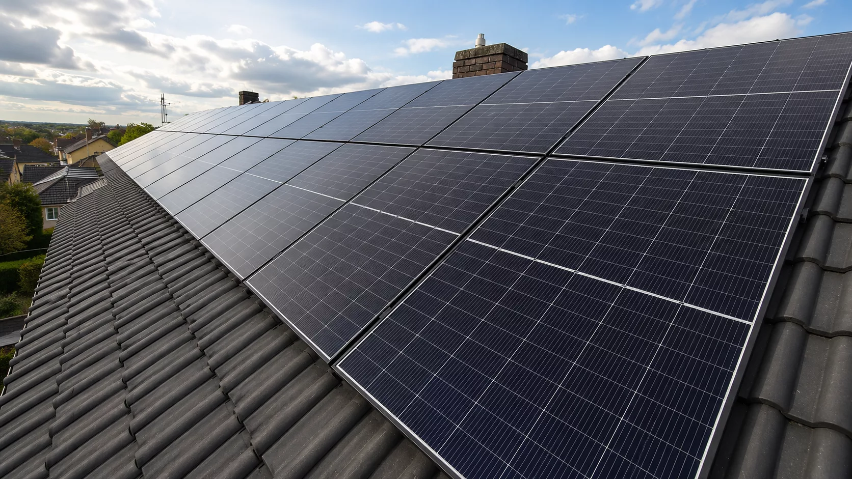 Montierte Doppelglas PV-Module auf einem Dach in Straubing mit Hybrid-Wechselrichter, Heimspeicher, Heizstabansteuerung und Hems im Keller.