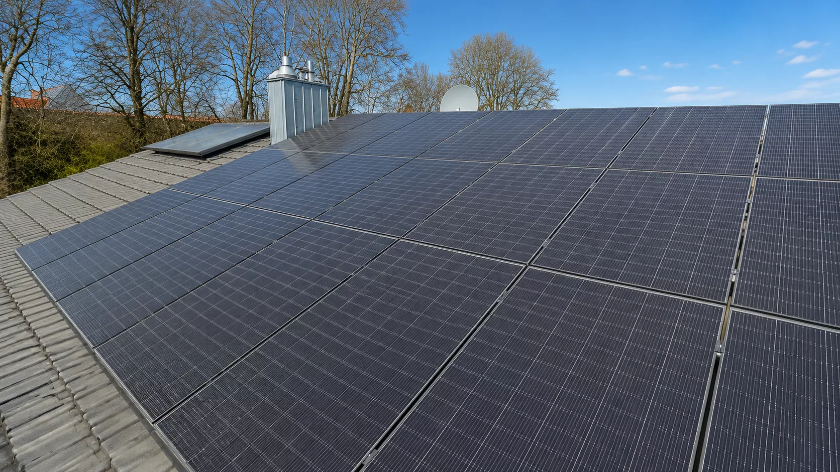 Montierte Doppelglas PV-Module auf einem Dach in Neustadt an der Donau mit Hybrid-Wechselrichter, Heimspeicher und Hems im Keller und einer Wallbox in der Garage.