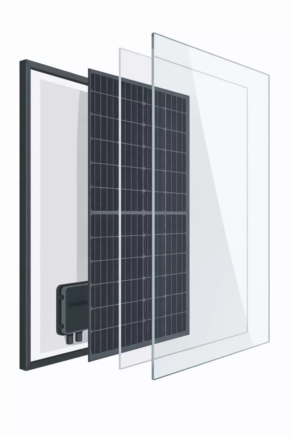 Alle Schichten eines PV-Moduls sind zu sehen. Von Glasscheibe über EVA, PV-Zellen bis zur Rückwand mit Anschlussdose.