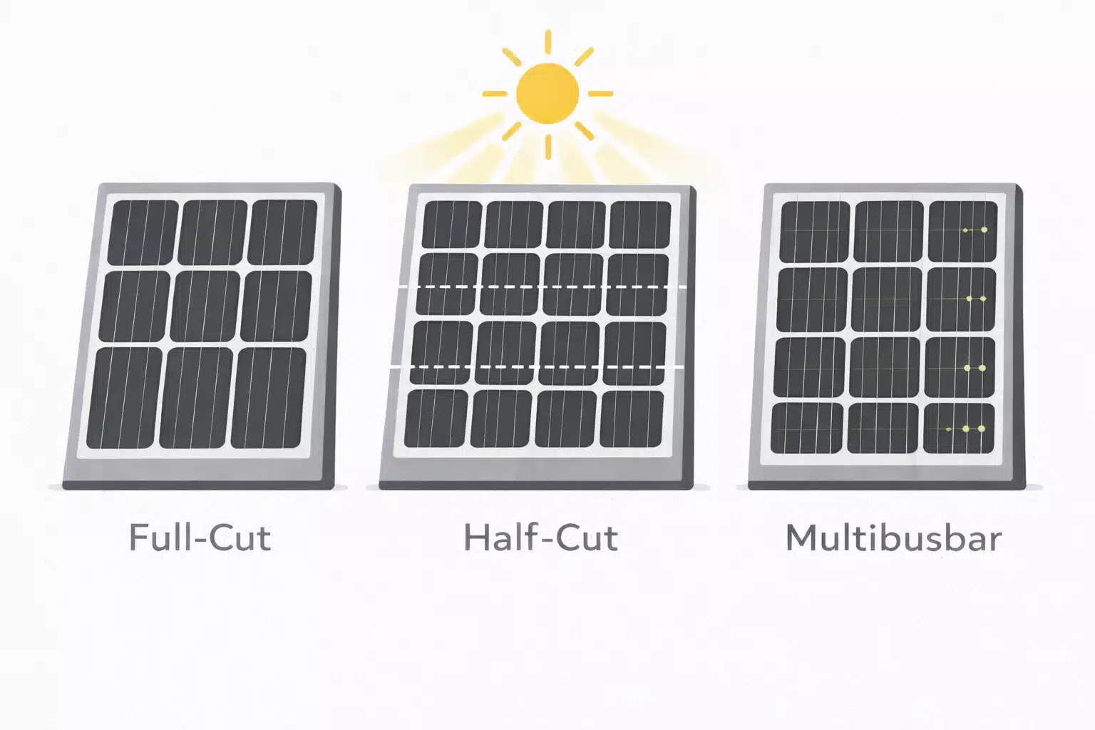 Grafische UNterschieder von Full-Cut- Half-Cut zellen und der Schlatung durch Multibusbar in PV-Modulen.