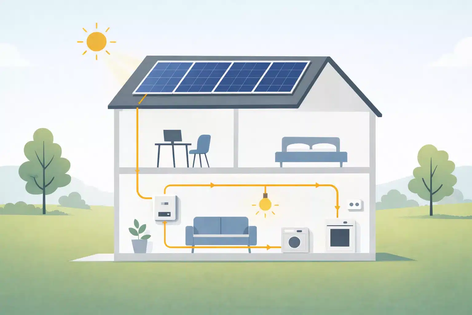 Hausdurschnitt: Strom entsteht in PV-Modulen, wird umgewandelt in Wechselstrom und dann im Haushalt durch ein Hems an die richtigen Verbraucher verteilt.