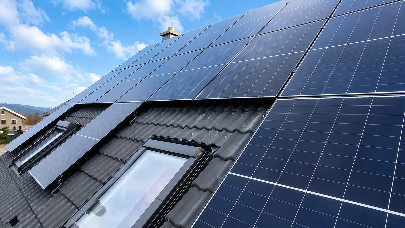 Montierte Doppelglas PV-Module auf einem Dach in Regenstauf in Full-Black-Optik mit Hybrid-Wechselrichter, Heimspeicher, Wärmepumpenansteuerung und Hems im Keller.