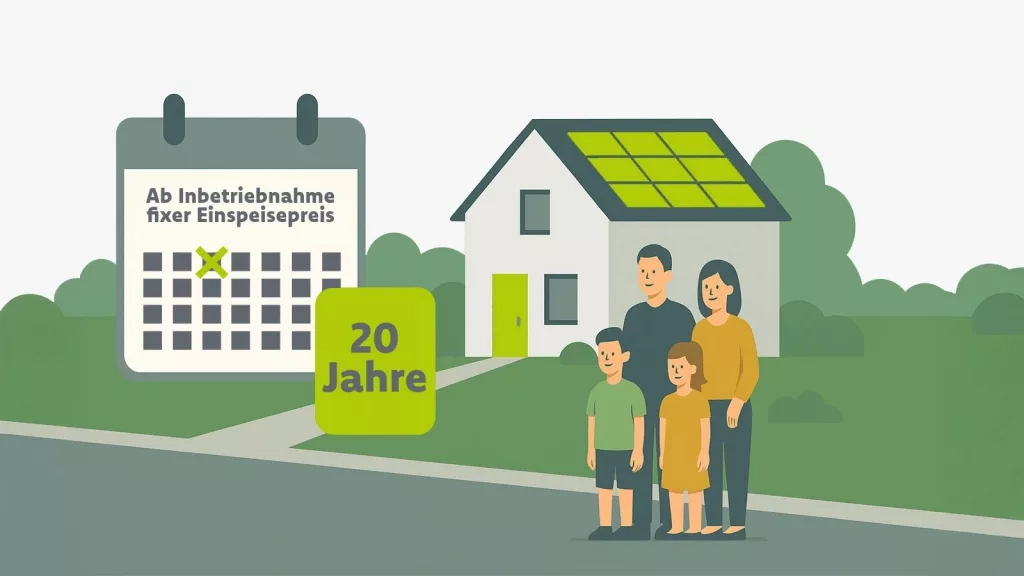 Familie vor Einfamilienhaus mit PV-Dach; links Kalender mit Stichtag „Inbetriebnahme“ und Badge „20 Jahre“ – ab Inbetriebnahme gilt ein fixer Einspeisepreis (Einspeisevergütung); Degression betrifft Neuanlagen, Teileinspeisung/Volleinspeisung wählbar.“ Einspeisevergütung.