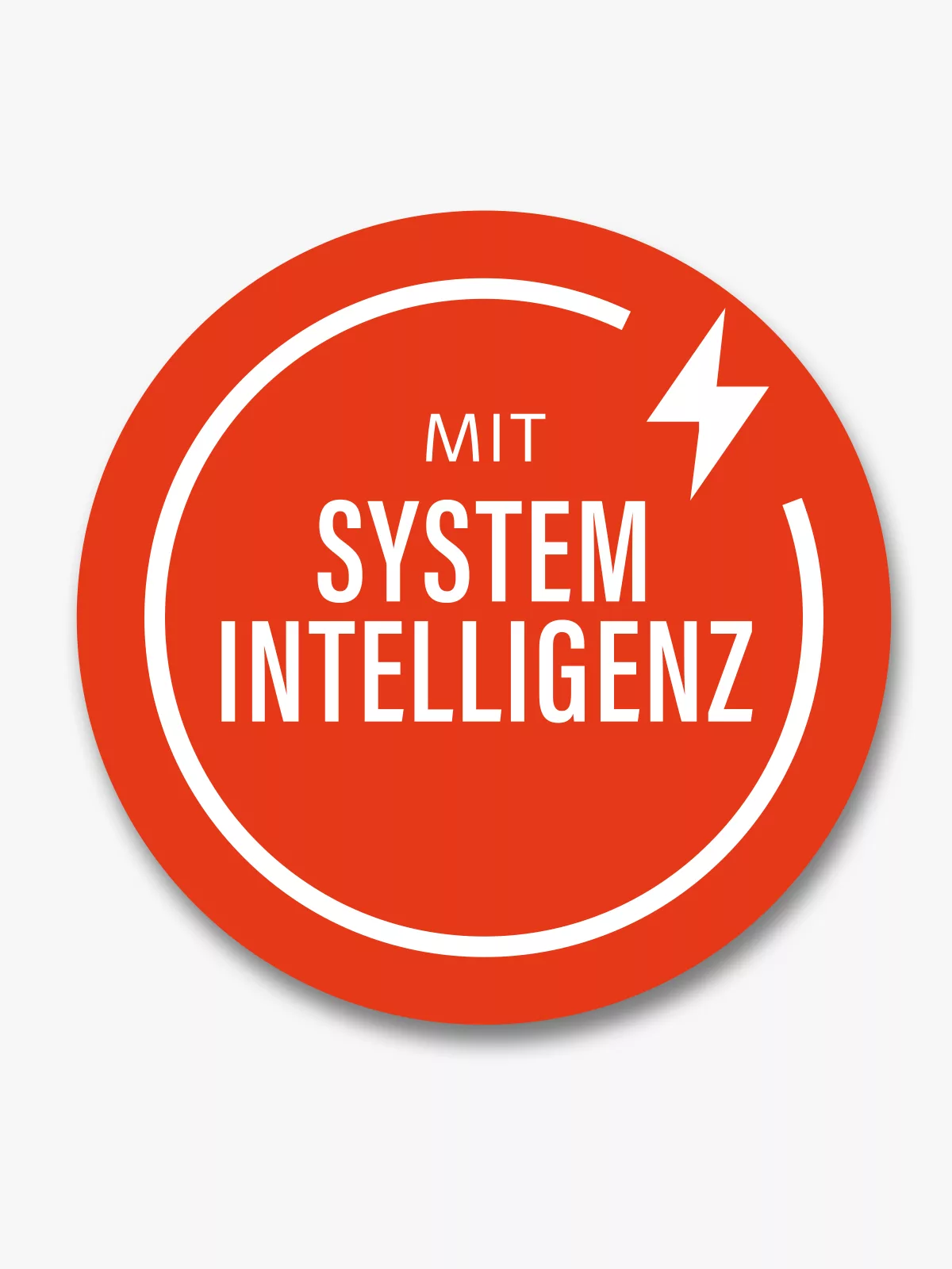 roter Button mit weißem Ring und Blitzicon. text: Mit Systemintelligenz"