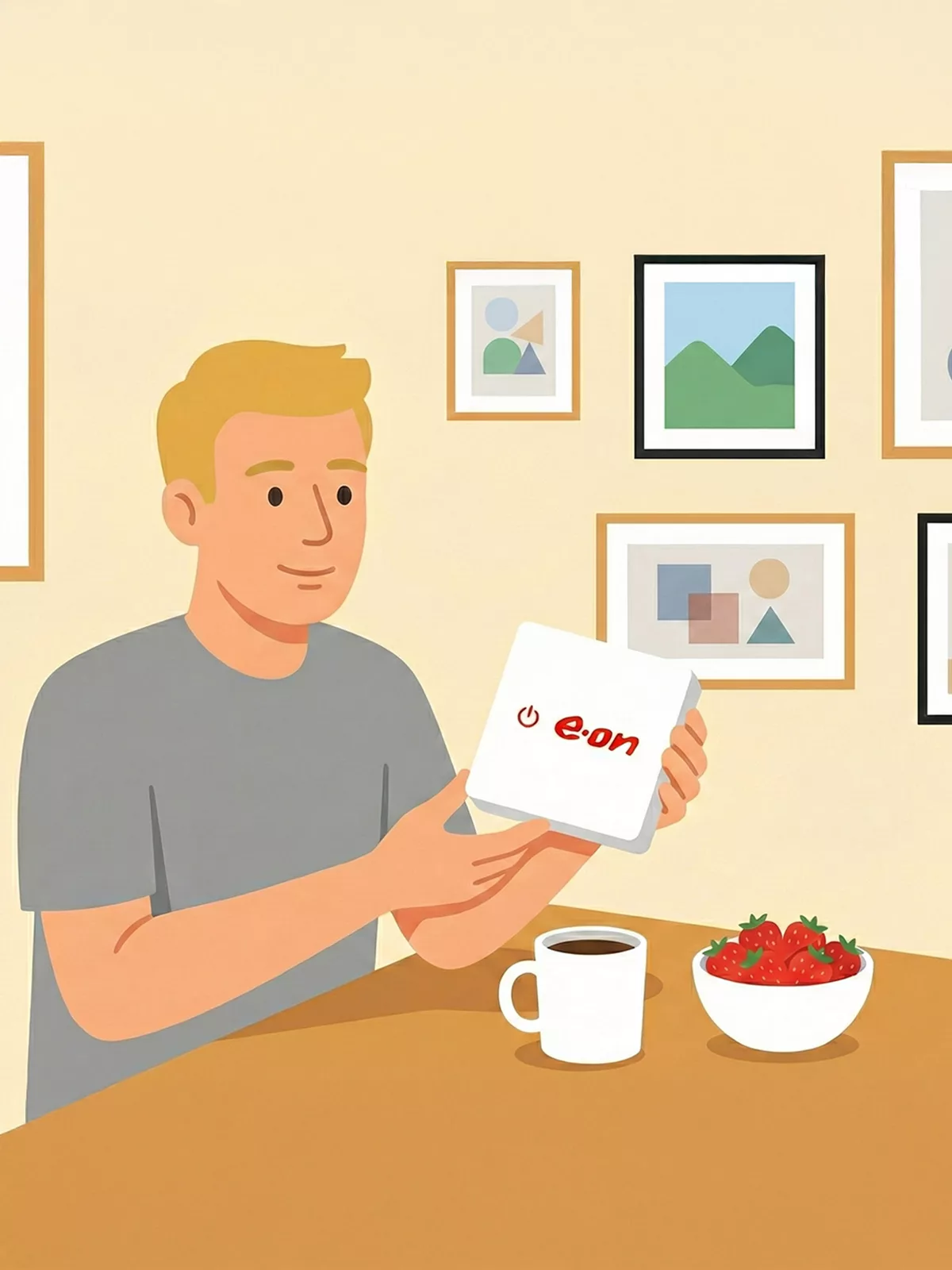 Mann sitzt am Tisch und hält den Eon Home Energiemanager in der Hand.