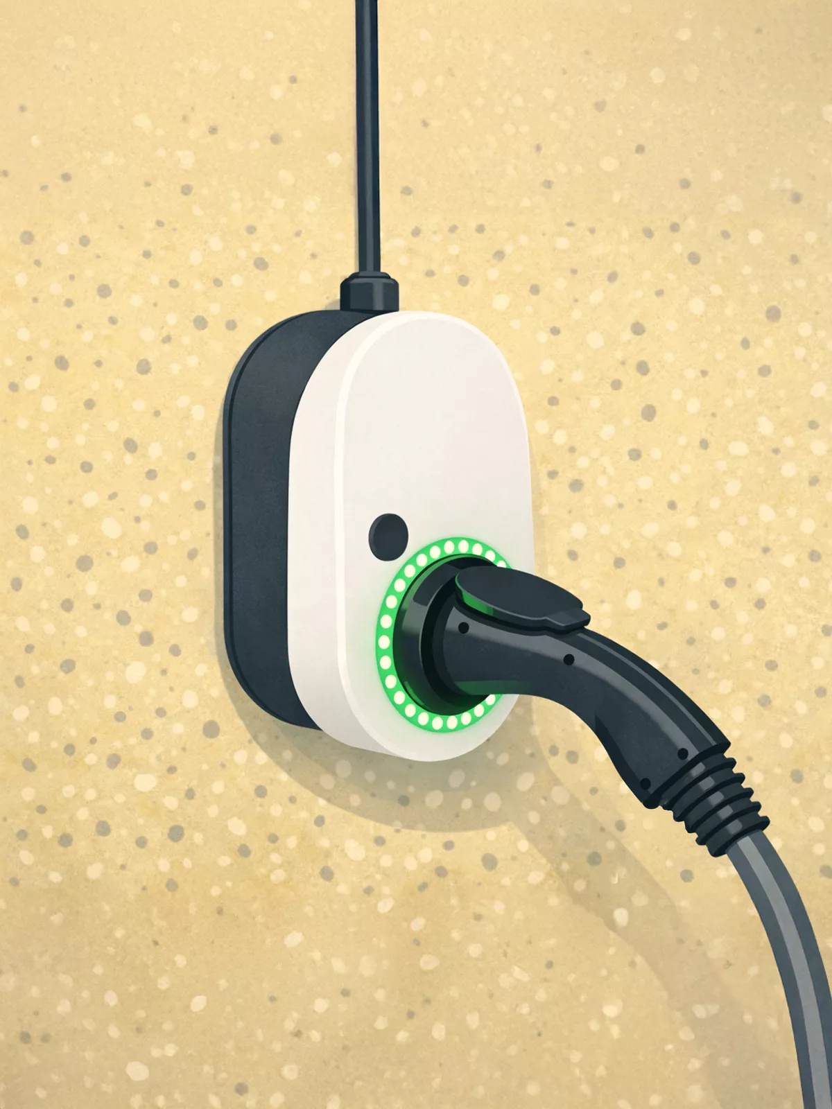 Wallbox mit Ladekabel an der Wand.