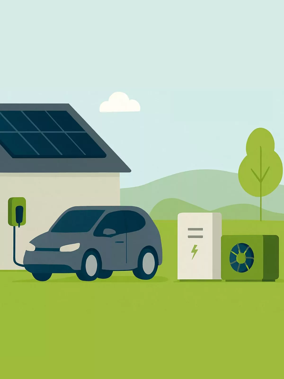 Auto lädt vor Haus mit PV am Dach. Nach § 14a EnWG müssen steuerbare Verbaucher ansteuerbar sein. Neben dem Auto sind weitere steurbare Verbaucher zu sehen, Wallboy, Wärmepumpe und Stromspeicher. Verlinkung auf Blogbeitrag "§ 14a EnWG: Steuerbare Verbraucher (Wallbox, Wärmepumpe, Klimageräte, Heimspeicher)".