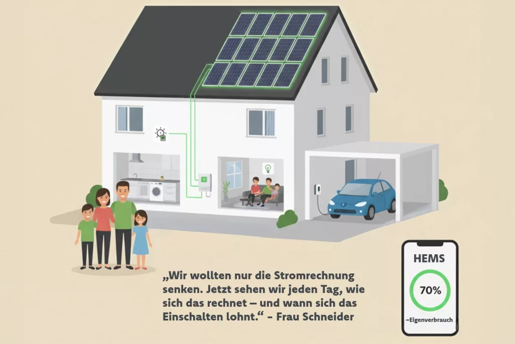 Familie szeht vor Eigenheim. PV-Anlage auf dem Dack und Wallbox im Carport. E-Auto lädt mit Solarstrom. Eigenverbrauchsoptimierung schlägt die Einspeisung.