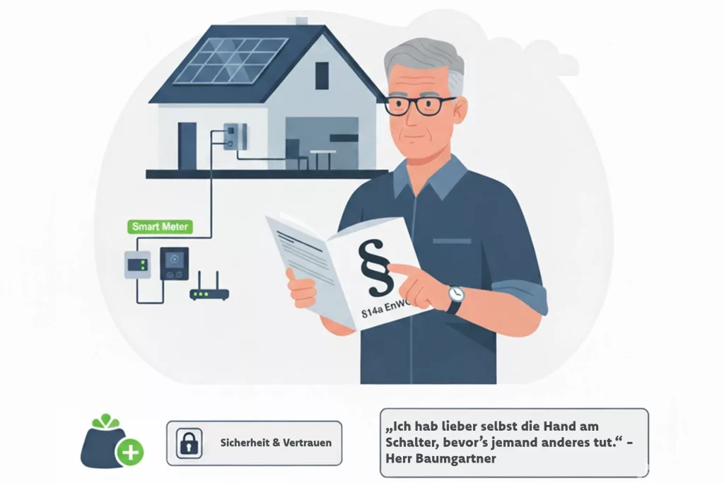 Herr Baumgartner hat eine Broschüre bzgl §14a EnWg in der Hand. Für ihn ist Versorgungssicherheit des Anbieters extrem wichtig.