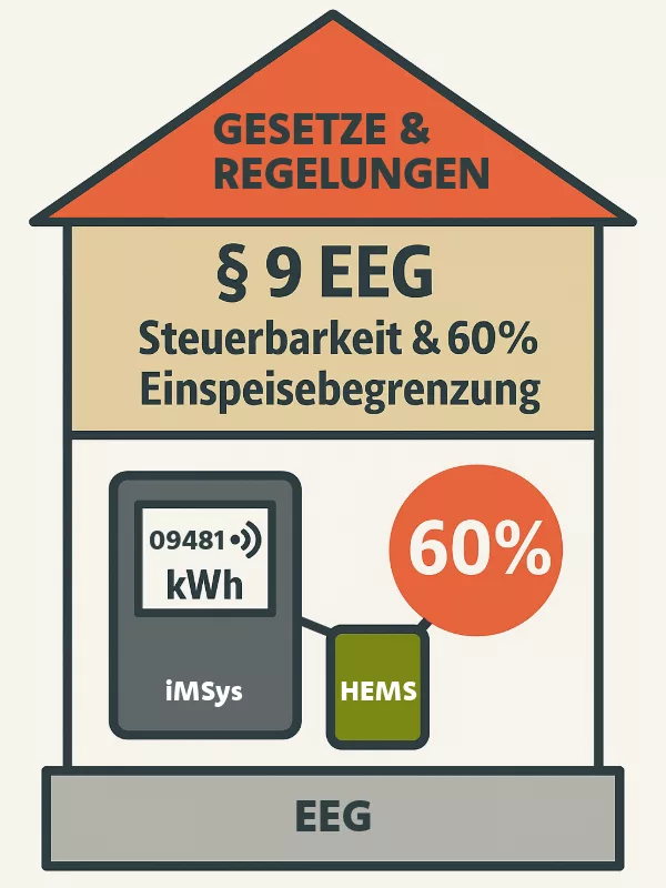 Infografik zu § 9 EEG: Steuerbarkeit und 60 %-Einspeisebegrenzung bei Photovoltaik; im Haus dargestellte iMSys-(Smart-Meter) und HEMS-Steuerung unter dem Banner „Gesetze & Regelungen“.