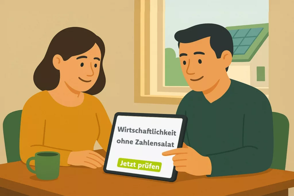 Frau und Mann sitzen mit Tablet in der Küche am Tisch. Auf dem Tablet eine Website mit dem Text: Wirschaftlichkeit ohne Zahlensalat. Button: Jetzt prüfen. Im hintergrund aus dem Fenster heraus sieht man eine PV-Anlage.