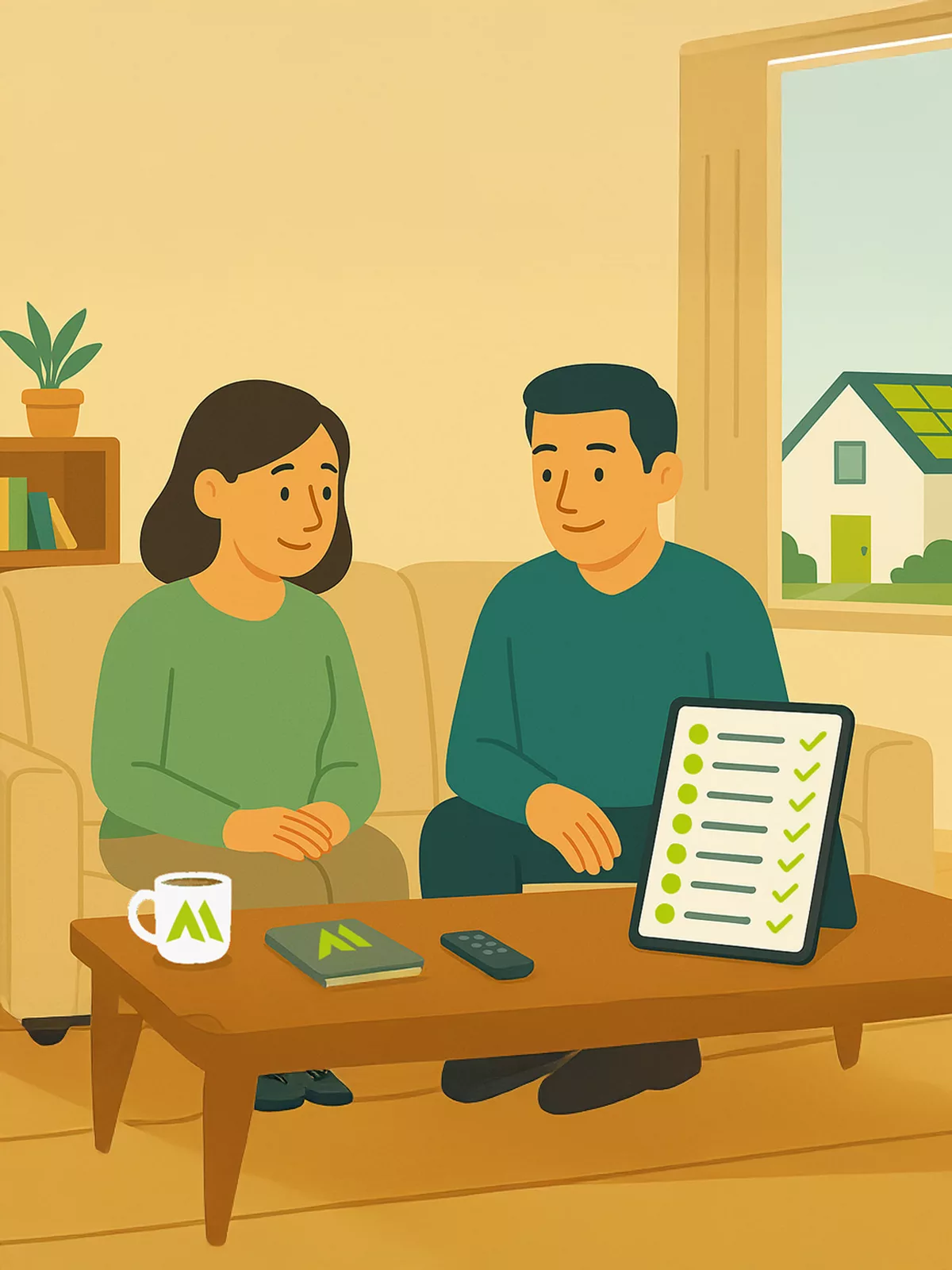 Frau und Mann sitzen auf Sofa im Wohnzimmer und schauen auf 10 Punkteplan auf Tablet. Im hintergrund aus dem Fenster heraus sieht man ein Haus mit PV Modulen. PLanung & Umsetzung als auch Geld sparen sind die Hauptthemen au fdem Tablet. Verlinkung auf Blogbeitrag Schritt für Schritt PV pLanen für Sicherheit & Ertrag.