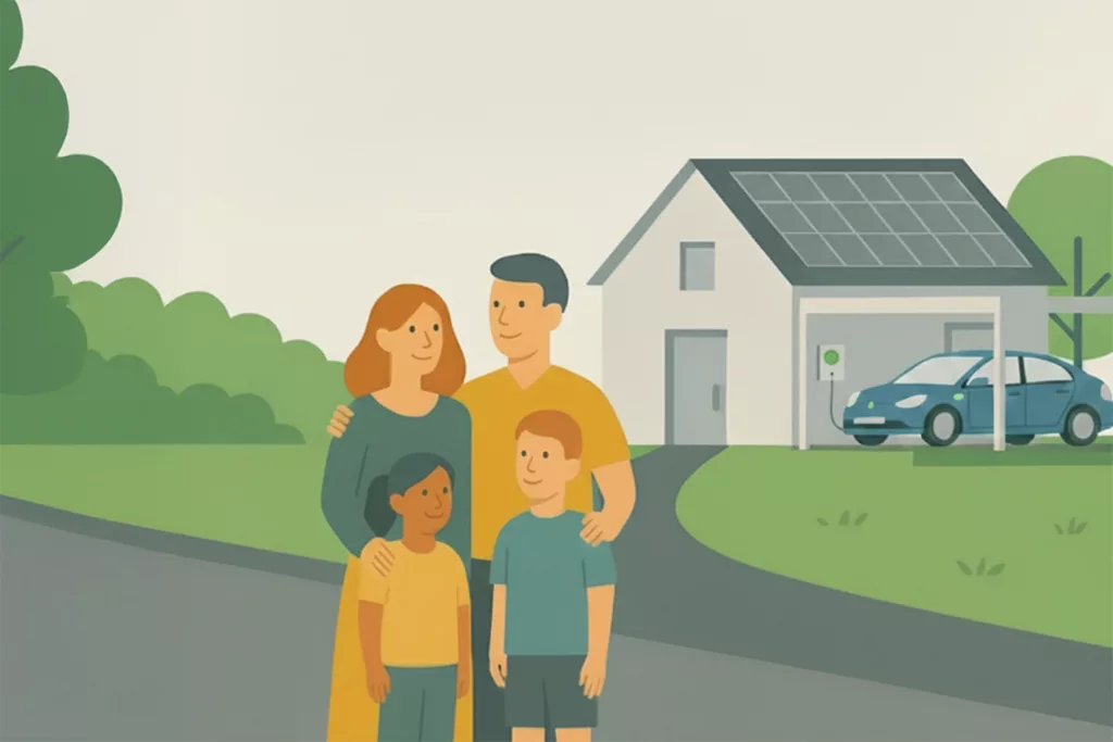 2D Flatgrafik: Vierköpfige Famile steht vor Eigenheim mit PV-Modulen am Dach. Ein E-Auto lädt in einem Carport via Wallbox,