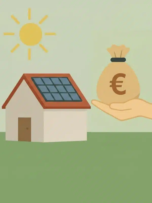 Eigenverbrauchsoptimierung und Versorgungssicherheit sind wichtiger geworden als das Einspeisen. Haus mit PV-Modulen und Sonne rechts daneben eine Hand mit einem Geldsack.