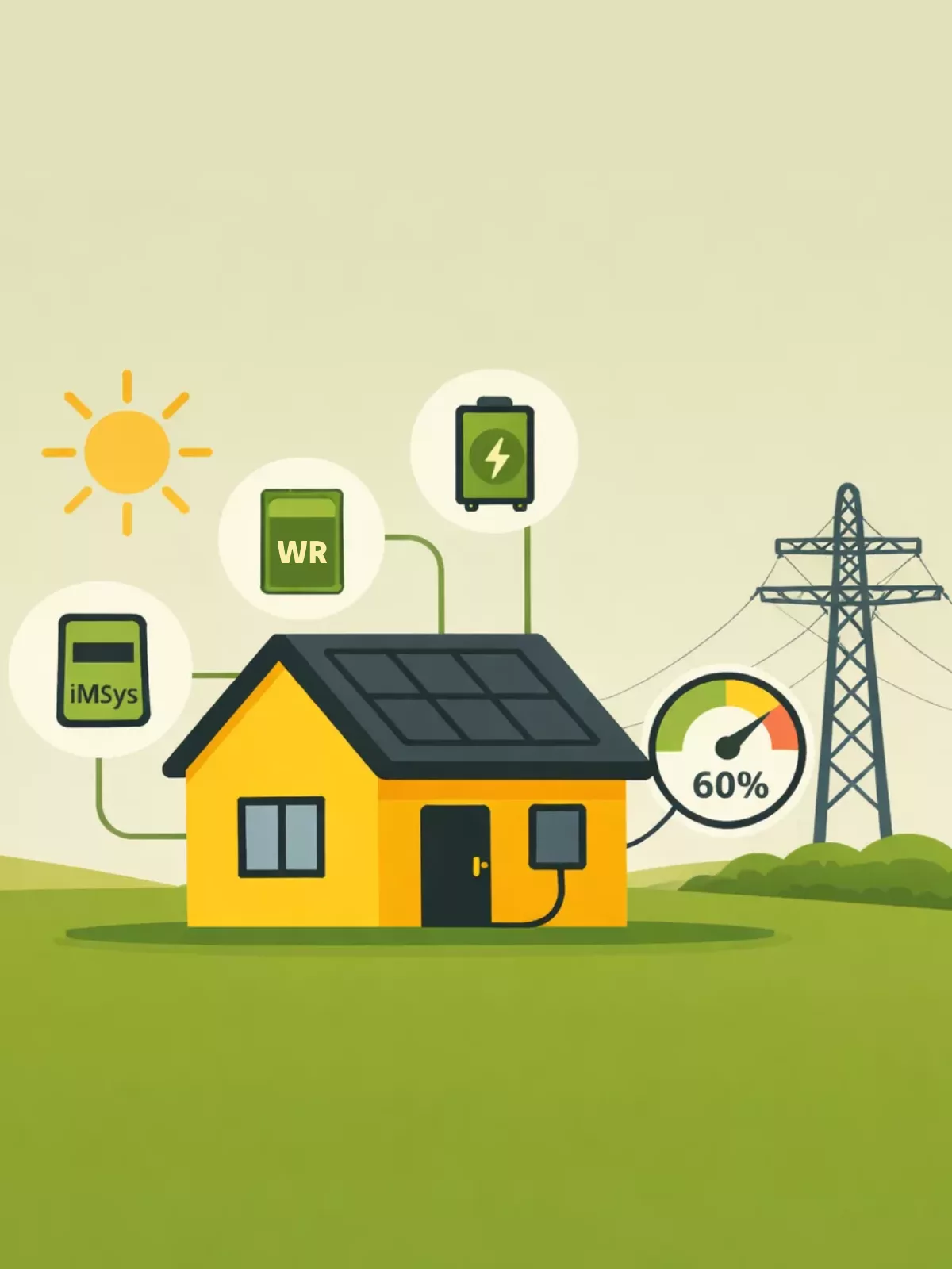 Haus mit 60% Tacho neben sich und drei Icons die Imsys, batteriespeicher und Wechselrichter zeigen sollen. Gesetze & regularien beziehen sich auf EEG und ENWG, Verlinkung auf Blogbeitrag "§ 9 EEG: Steuerbarkeit & temporäre Einspeisegrenzung".