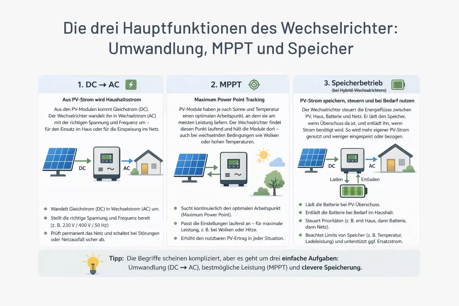 Wechselrichter Technik Infografik für PV-Anlage mit Darstellung von DC AC Umwandlung, Maximum Power Point Tracking MPPT und Speicherlösung im Solarstrom System