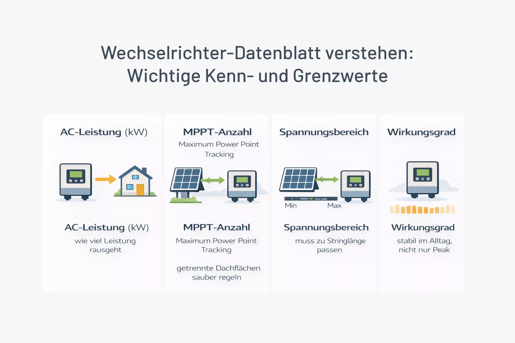 Wechselrichter PV-Anlage Infografik zum Verständnis von Datenblatt Kennwerten wie AC-Leistung, Maximum Power Point Tracking MPPT, Spannungsbereich und Wirkungsgrad