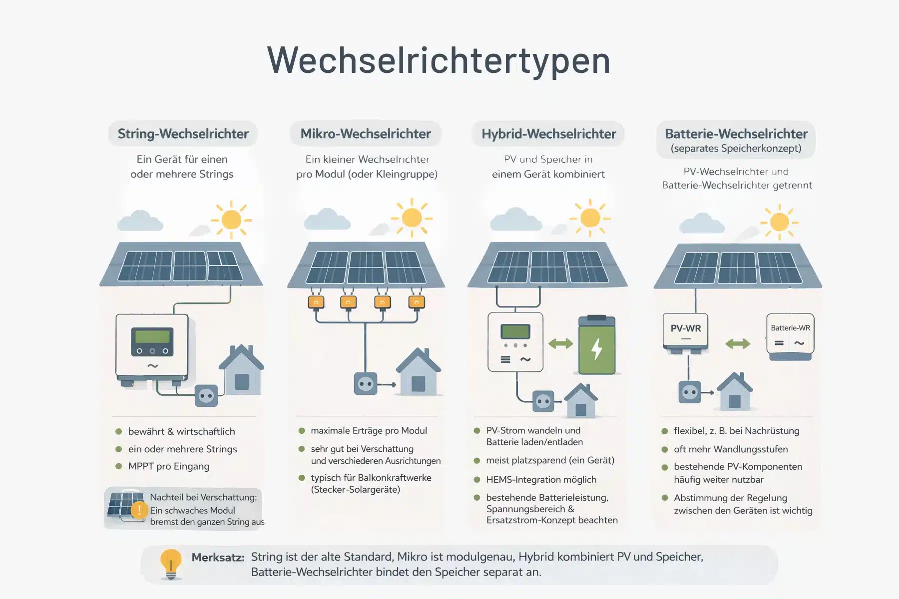 Wechselrichter PV-Anlage Infografik mit Vergleich der Wechselrichtertypen String, Mikro, Hybrid und Batterie-Wechselrichter inklusive Technik und Einsatzbereiche