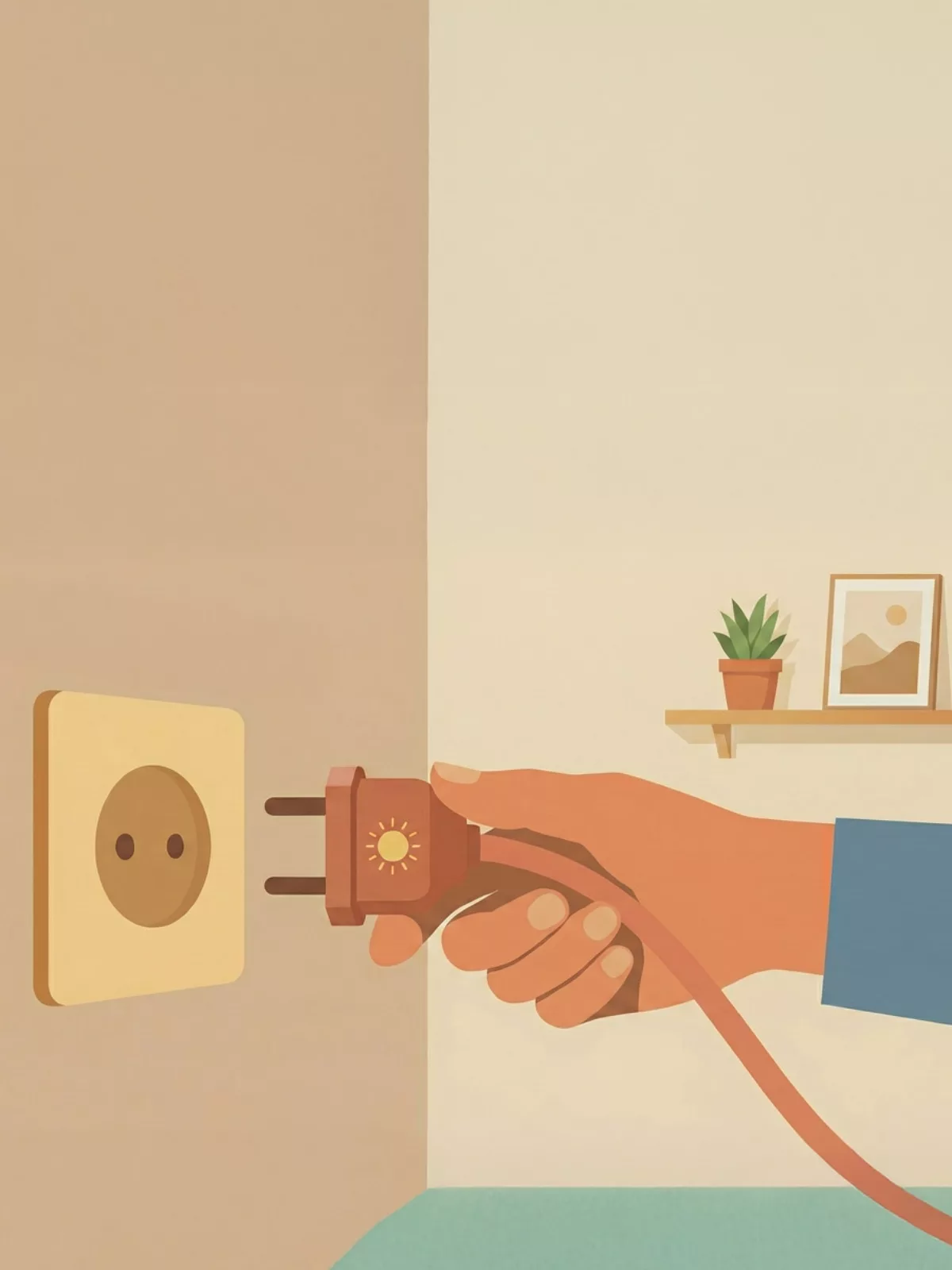 Eine Hand mit einem Stecker der für Solarsttrom steht wird in die Wand in eine Steckdose gesteckt, welche den Netzanschluss an das Stromnetzt symbolisiert. Gesetze & Regularien werden so eingehalten. Verlinkung auf Blogbeitrag "§ 8 EEG – Netzanschluss für Photovoltaik".