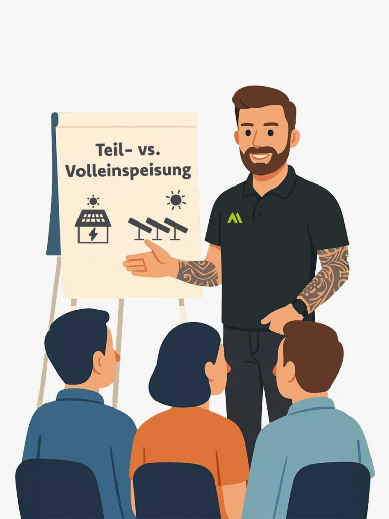 Illustration eines Beraters vor Flipchart „Teil- vs. Volleinspeisung“ mit PV-Symbolen; Fokus auf Einspeisevergütung, Degression und Entscheidung fürs passende Modell.