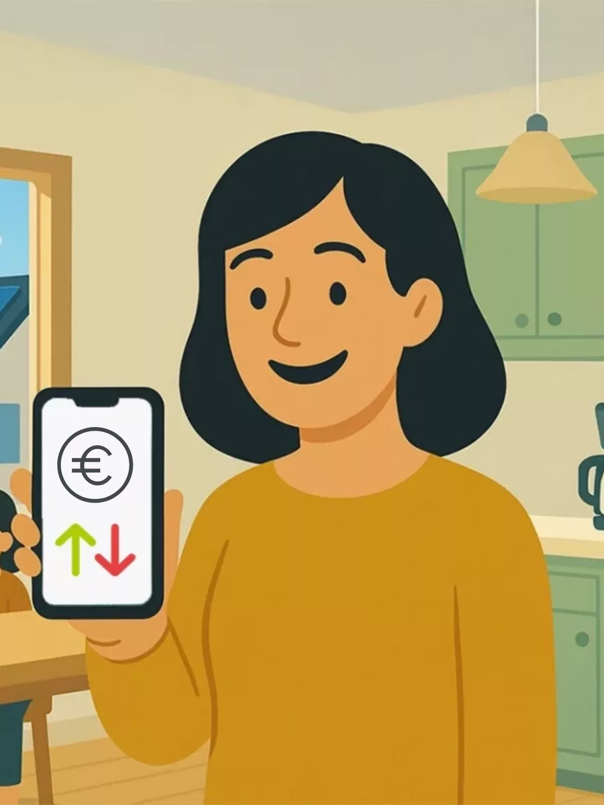eine vierköpfige Familie ist in ihrer küche die Mutter im Vordergrund und hält eine App auf Handy in die Mitte. Darauf zusehen ein Eurozeichen und einen roten pfeil nach unten und rein grüner pfeil nach oben. Im hintergrund aus dem fenster erkennt man eine Photovoltaik anlage auf einem Dach. Geld sparen durch dynamische Stromtarife werden angedeutet. Verlinkung auf Blogbeitrag Dynamische Stromtarife.