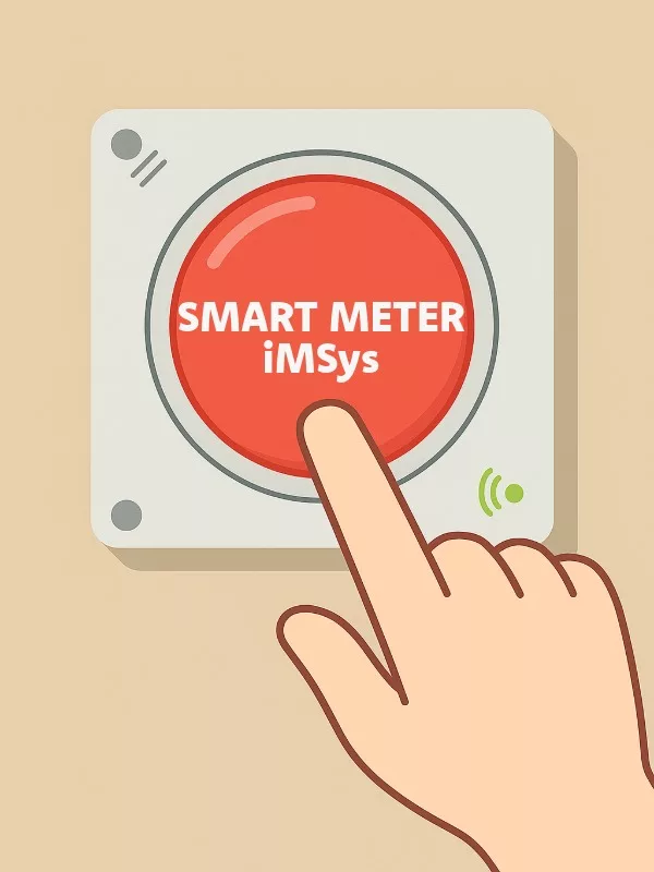 Button auf dem Smartmeter iMSys steht. eine hand möchte den start knopf drücken.