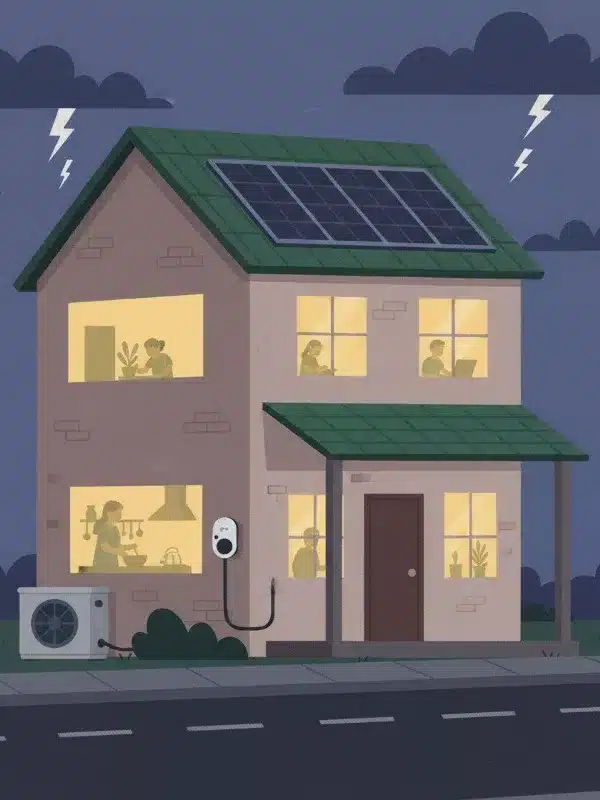 Ein Haus das bei Stromausfall immer noch Strom hat durch Ersatzstrombox und wechselrichter der auf inselbetrieb umschaltet. Gewisse Stromkreise können im Inselbetrieb mit Energie versorgt werden. Verlinkung auf Blogbeitrag "Ersatzstrombox und Inselbetrieb im Stromausfall".