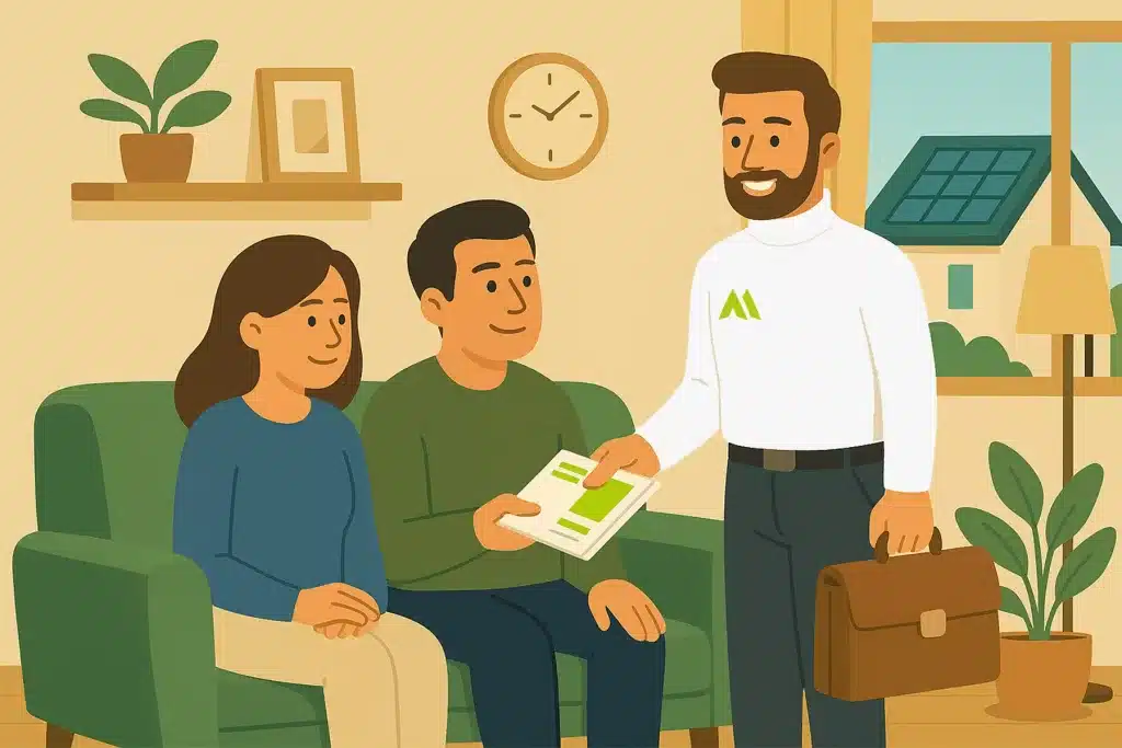 Mehr Ampere Fachberater berät ein Paar in deren Wohnzimmer über PV, Gesamtsysteme und imsys.