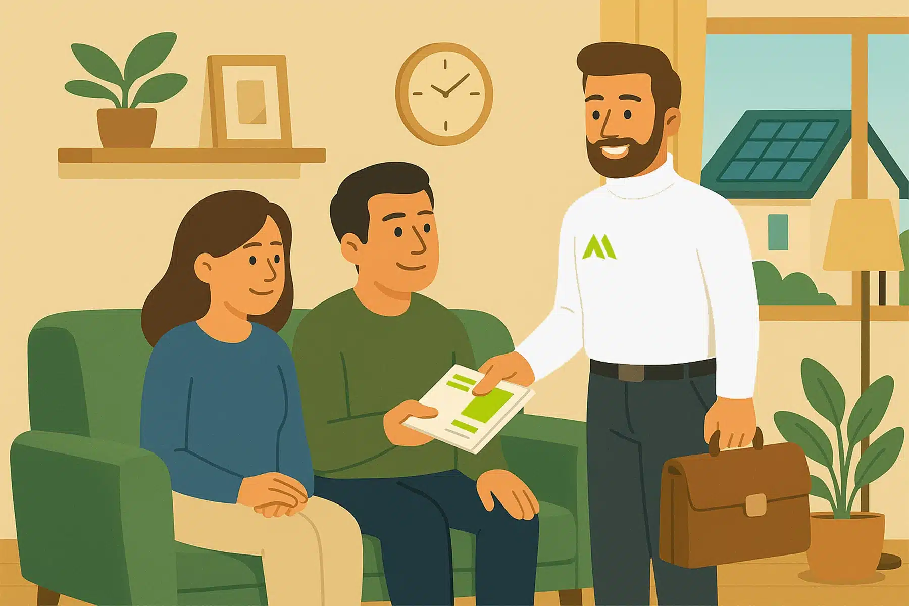 Mehr Ampere Fachberater berät ein Paar in deren Wohnzimmer über PV, Gesamtsysteme und imsys.